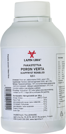 Pakastettu poronn veri 0,5l tuotepakkaus Lapin Liha.