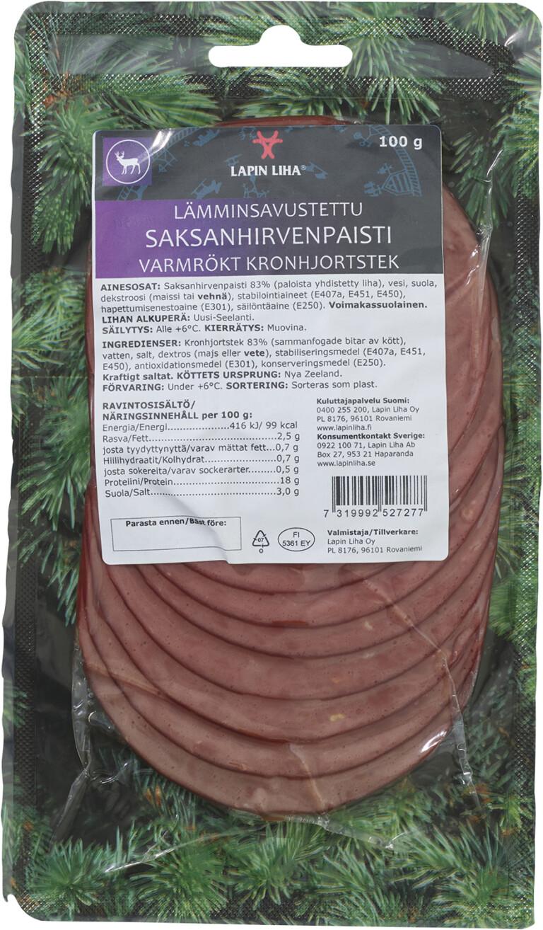 Lapin Lihan lämminsavustettu saksanhirvipaistileikkele 100g tuotepakkaus.